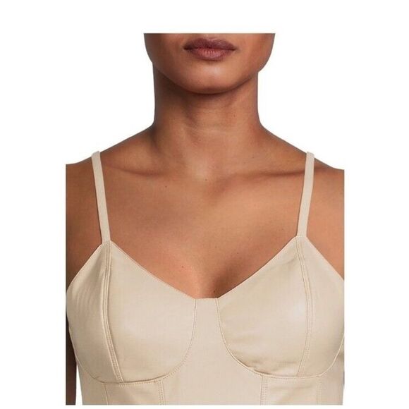 Madden Nyc Women's Bustier Faux Leather buttery soft Beige smocked Crop Top Sz L - Picture 5 of 12